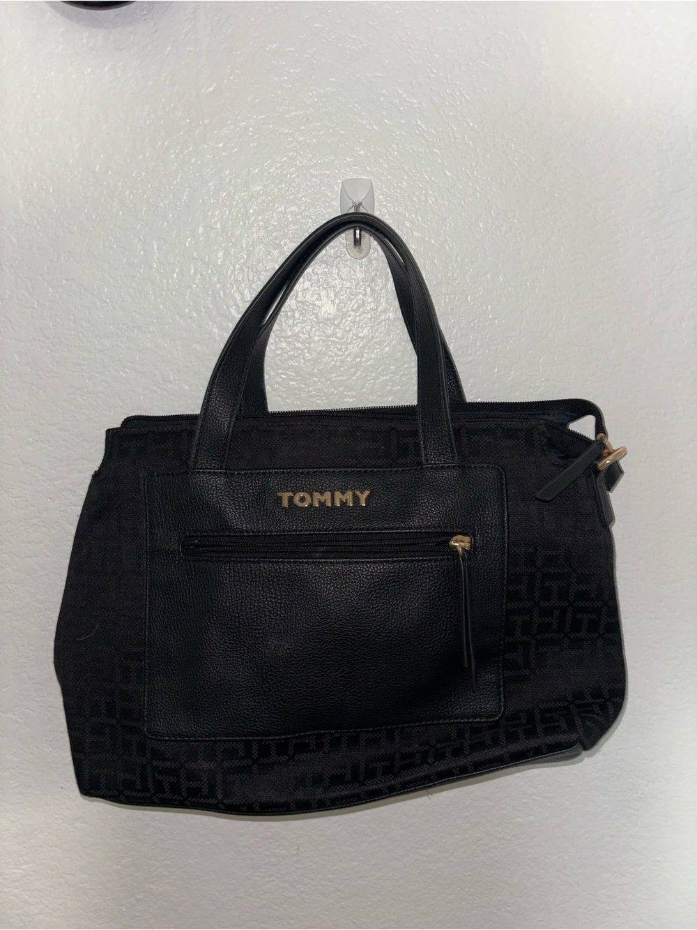 Tommy Hilfiger Black Tote Bag with Front Pocket and Gold Hardware